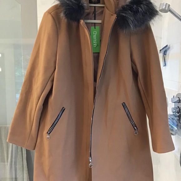 NWT Cherish C7141 Ladies wool look jacket w/removable hood Camel - Picture 2 of 5